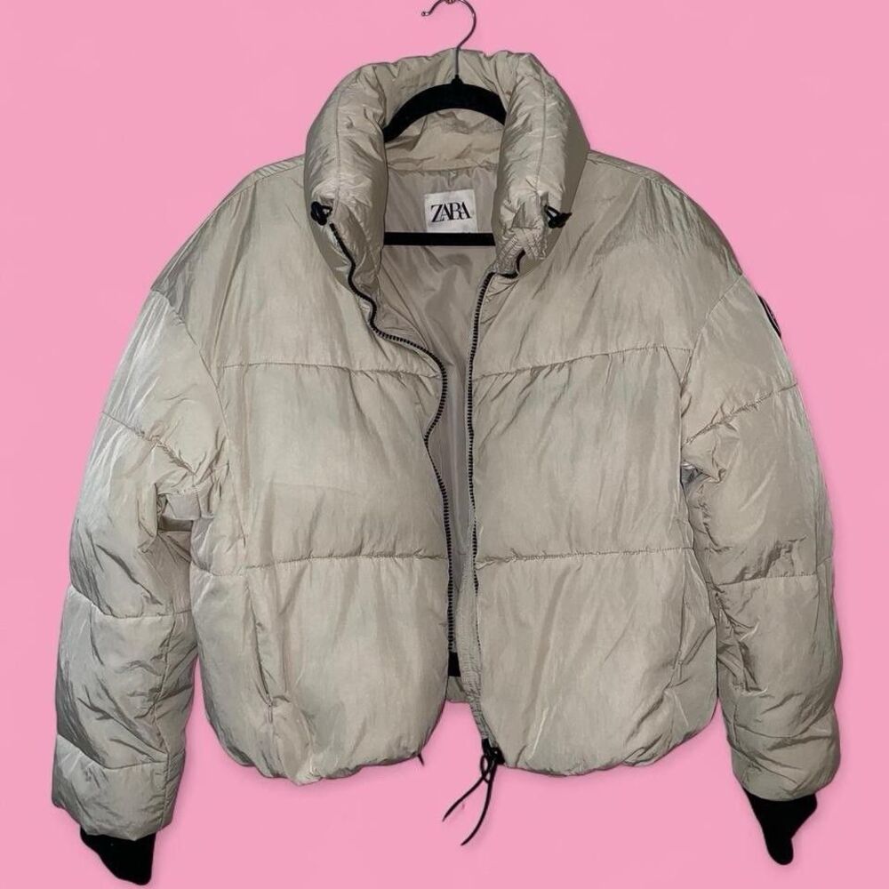 Zara Full Zip Front Winter Puffer Jacket Womens Size M Beige Hooded NEW NWT